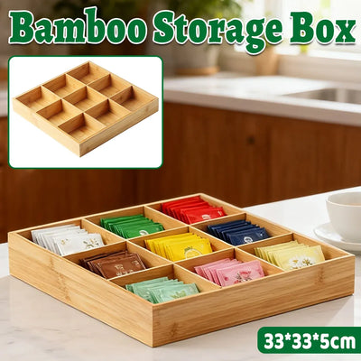 Bamboo Nine-Compartment Serving Tray, 32.8 x 32.8 cm