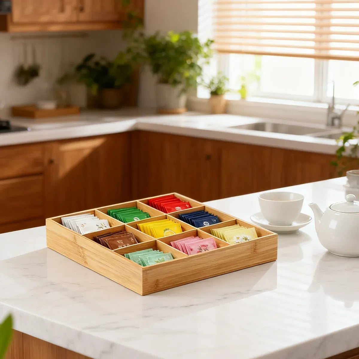 Bamboo Nine-Compartment Serving Tray, 32.8 x 32.8 cm
