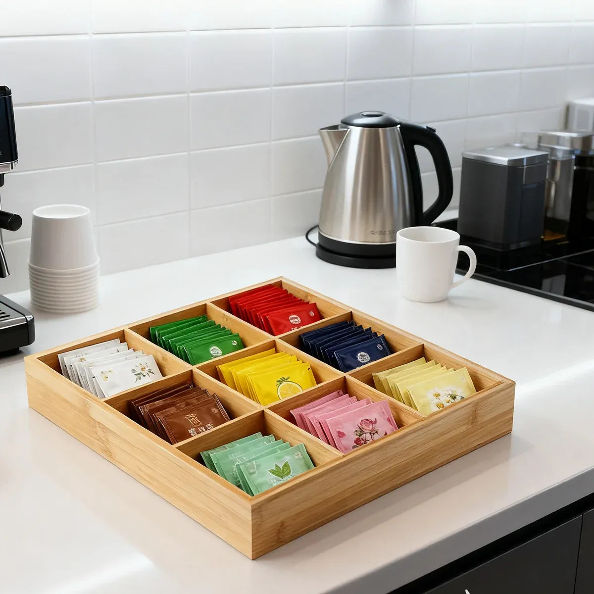 Bamboo Nine-Compartment Serving Tray, 32.8 x 32.8 cm