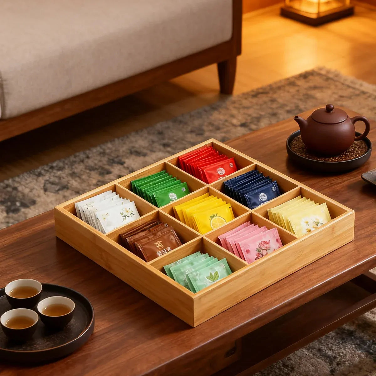 Bamboo Nine-Compartment Serving Tray, 32.8 x 32.8 cm