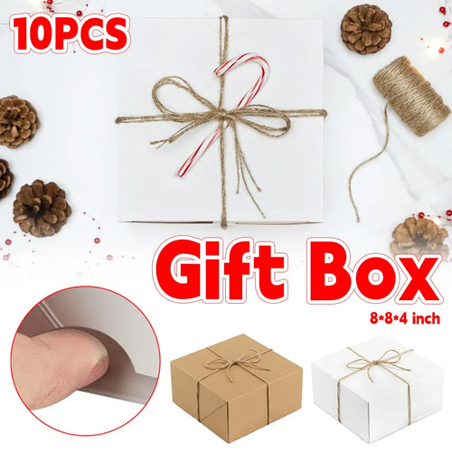 10Pcs Kraft Gift Boxes Set with Jute Rope 8x8x4 Inch Party Favour Packaging - Kraft