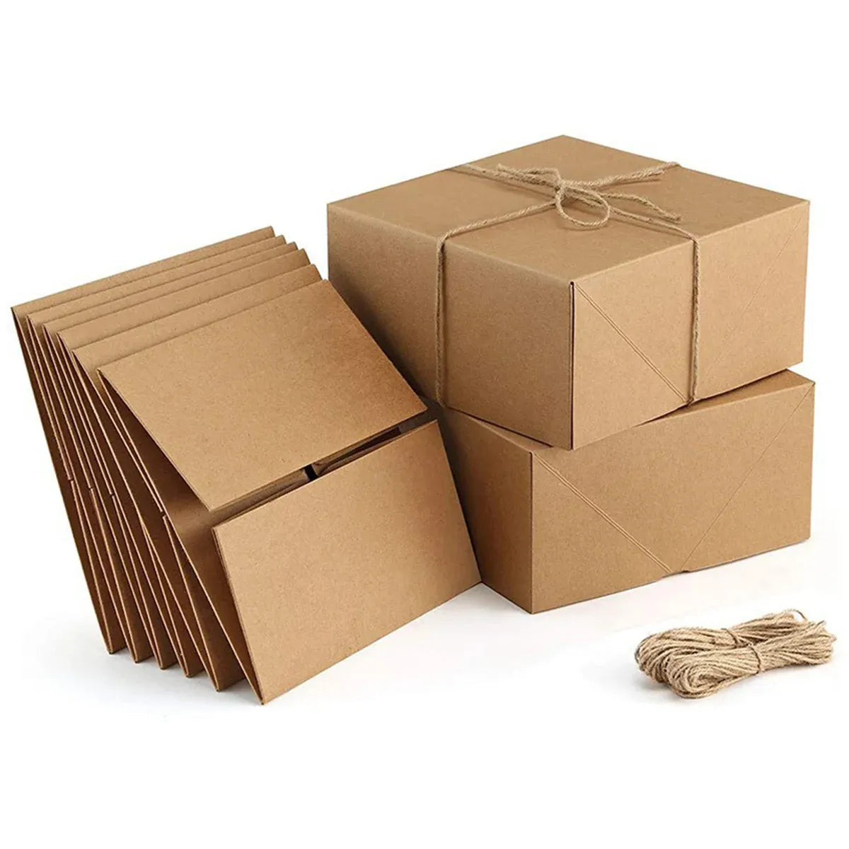10Pcs Kraft Gift Boxes Set with Jute Rope 8x8x4 Inch Party Favour Packaging - Kraft