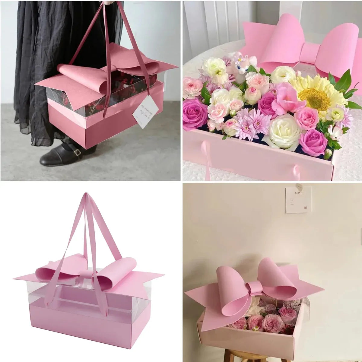 5PCS Bow Gift Box Transparent PVC Design with Ribbon Wedding Party Favor Boxes - Pink