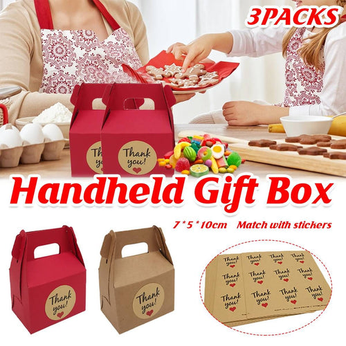 3 Packs Handheld Kraft Paper Gift Boxes with Thank-you Stickers Party Favor Use - Red