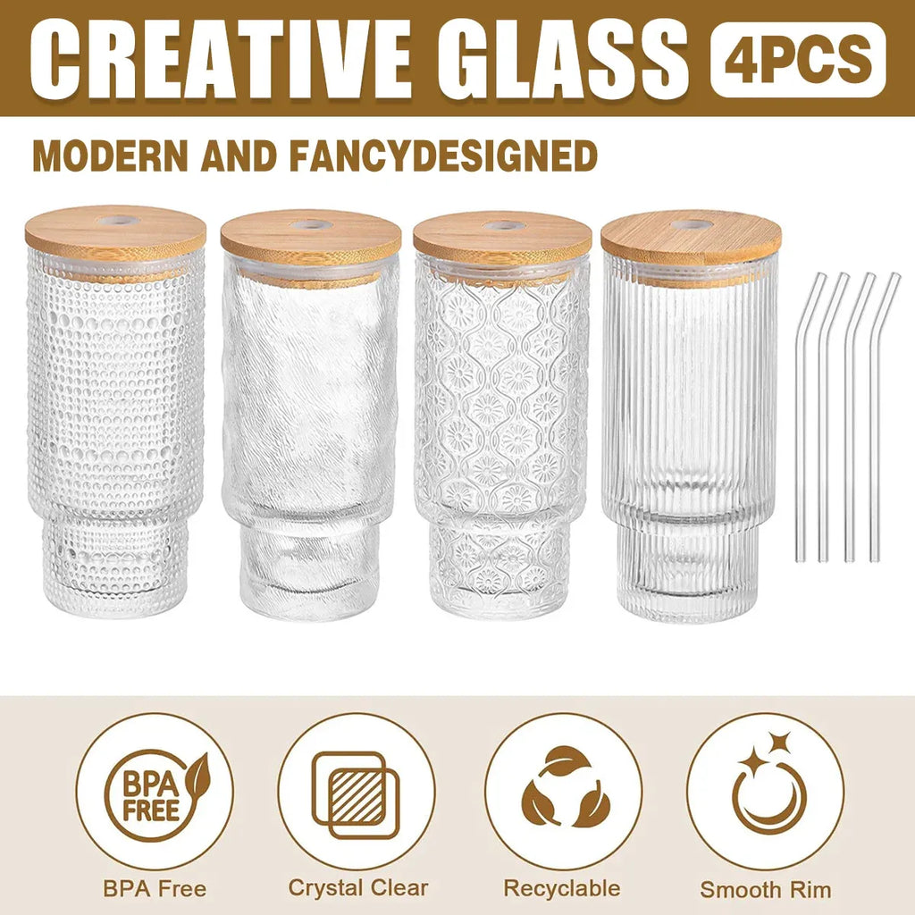 4PCS 11OZ Juice Cup with Lid and Straw Creative Glass Drink Cup
