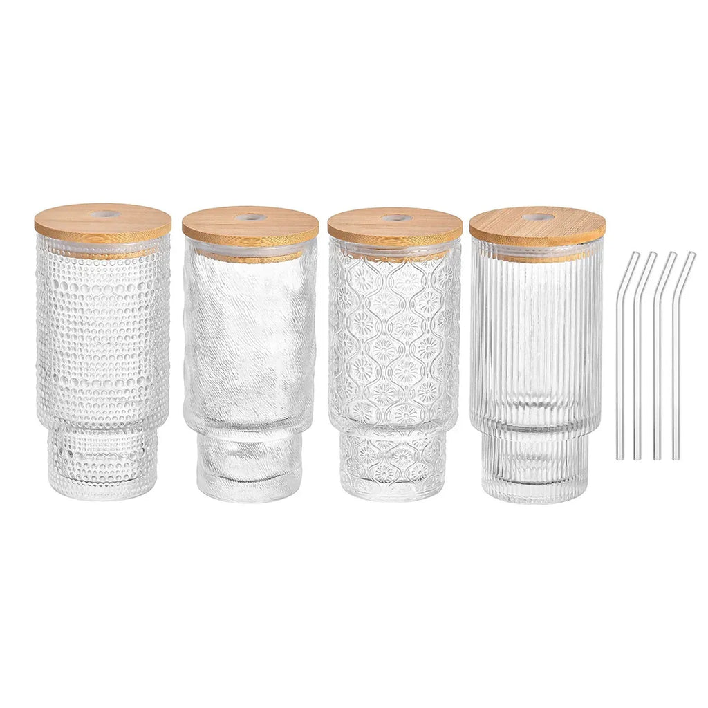 4PCS 11OZ Juice Cup with Lid and Straw Creative Glass Drink Cup