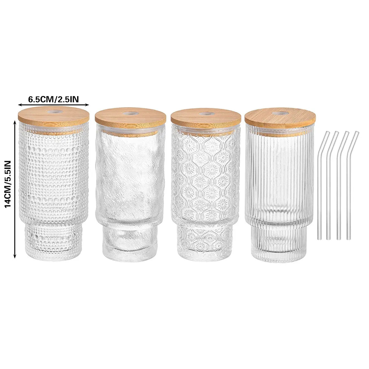 4PCS 11OZ Juice Cup with Lid and Straw Creative Glass Drink Cup