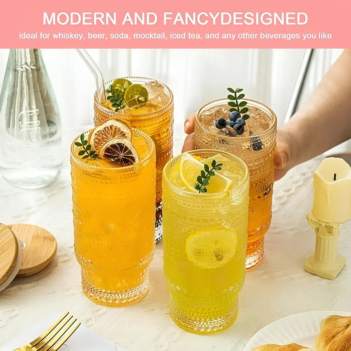 4PCS 11OZ Juice Cup with Lid and Straw Creative Glass Drink Cup