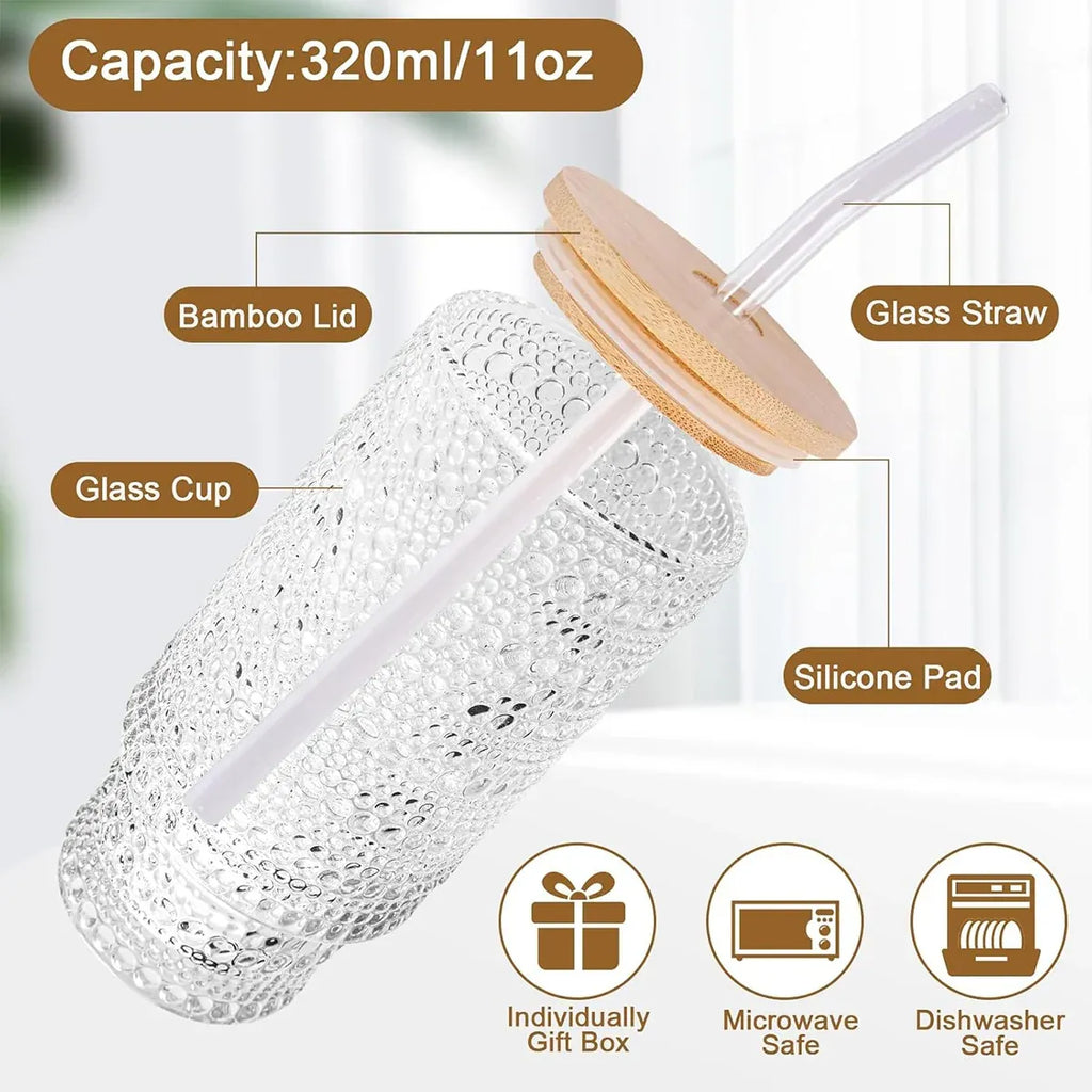 4PCS 11OZ Juice Cup with Lid and Straw Creative Glass Drink Cup