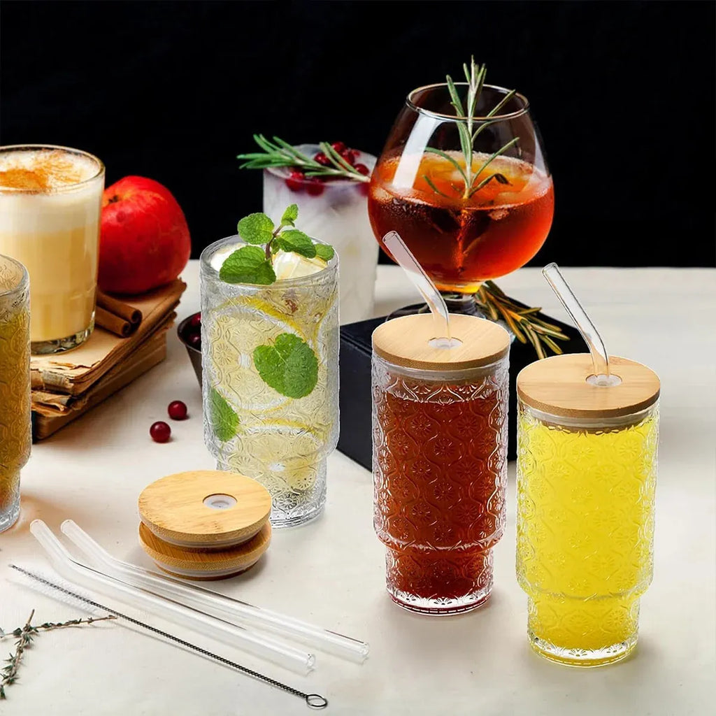 4PCS 11OZ Juice Cup with Lid and Straw Creative Glass Drink Cup