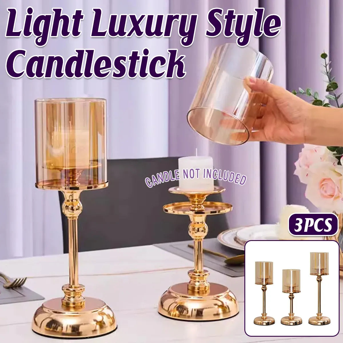 Metal and Glass Candlestick Holders with Glass Shades, Set of 3