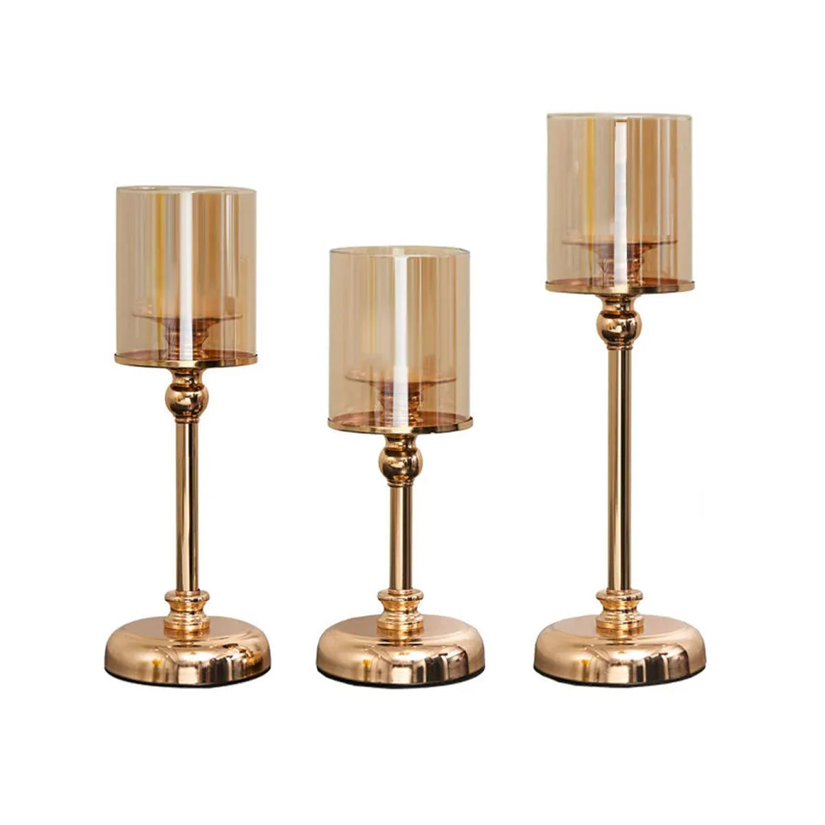 Metal and Glass Candlestick Holders with Glass Shades, Set of 3