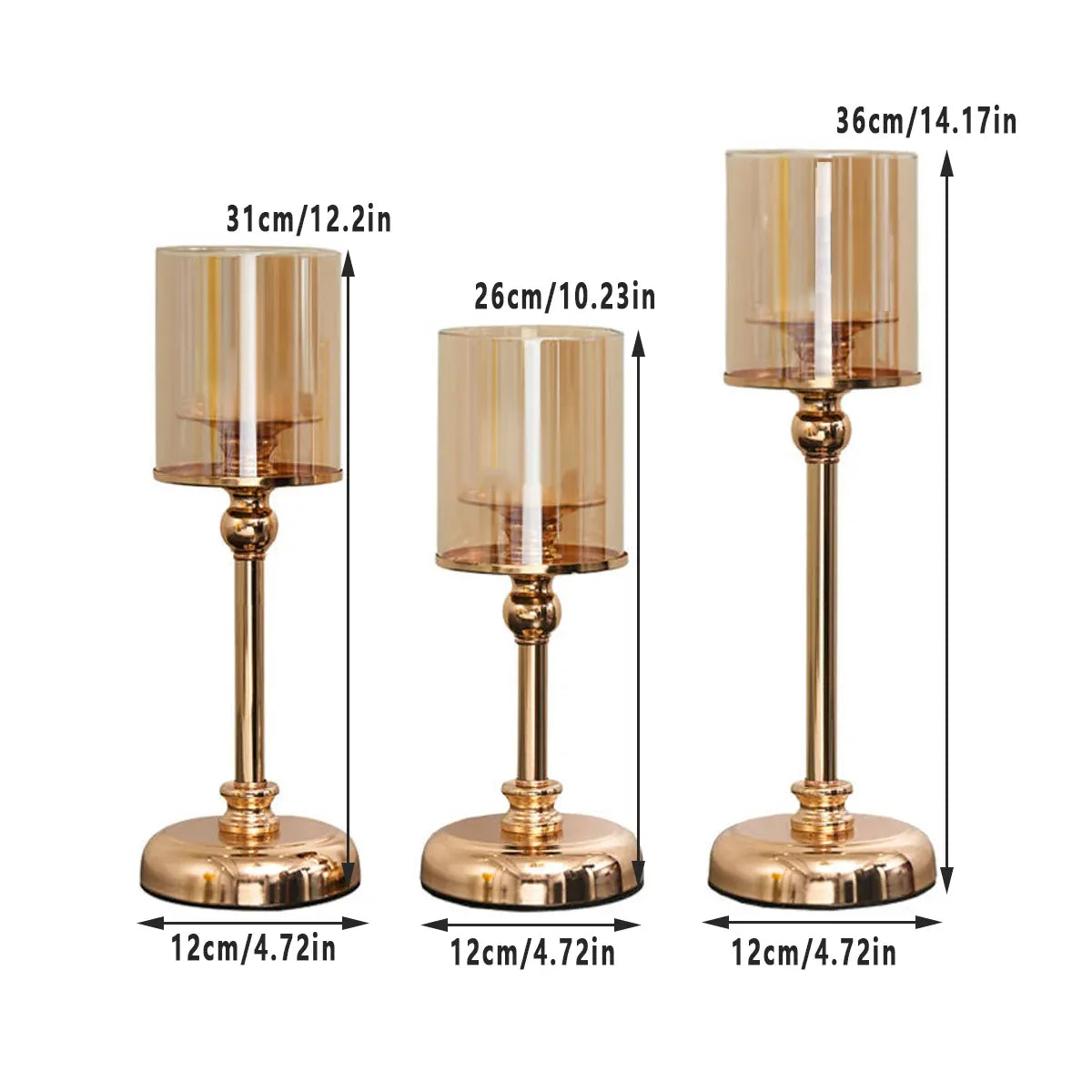 Metal and Glass Candlestick Holders with Glass Shades, Set of 3
