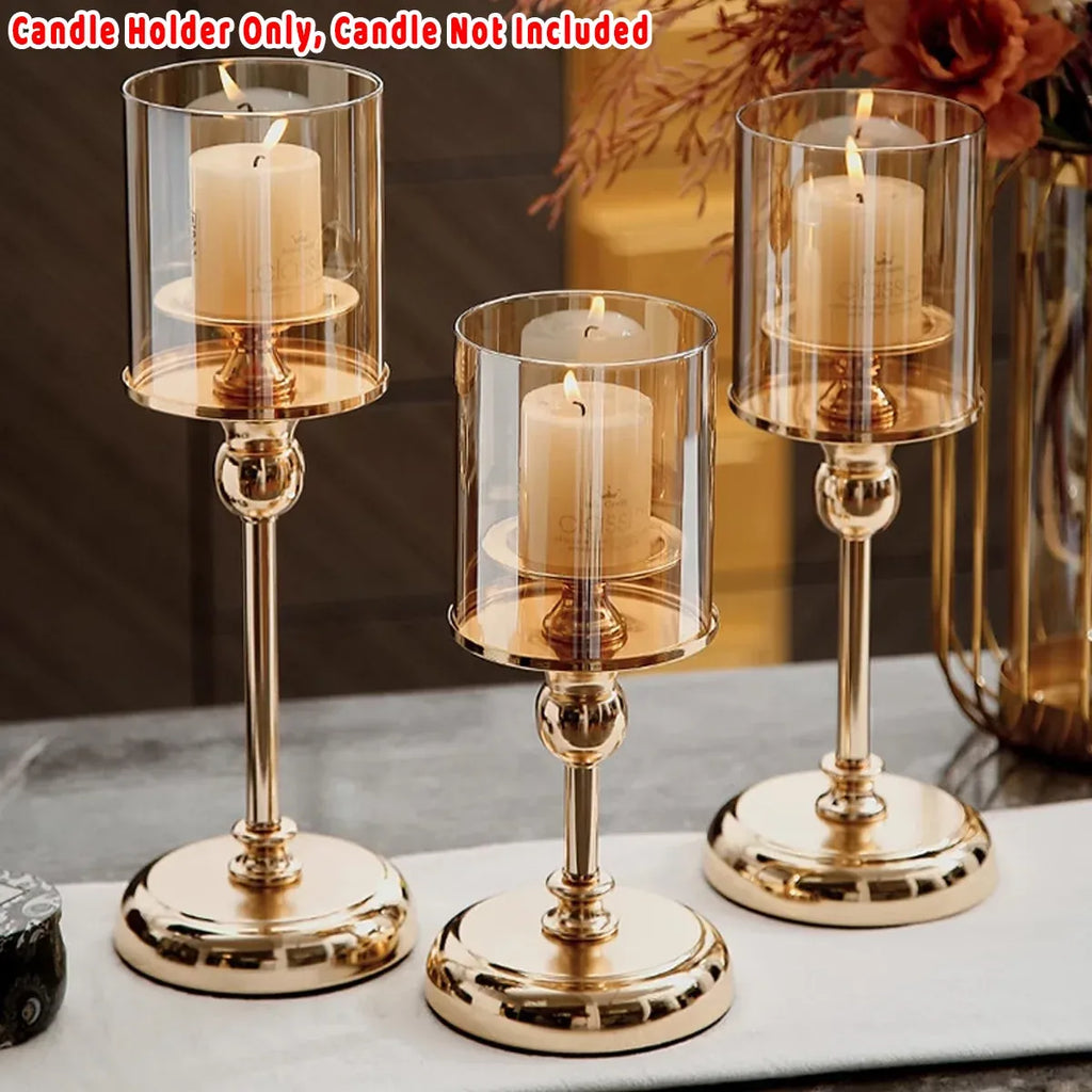 Metal and Glass Candlestick Holders with Glass Shades, Set of 3