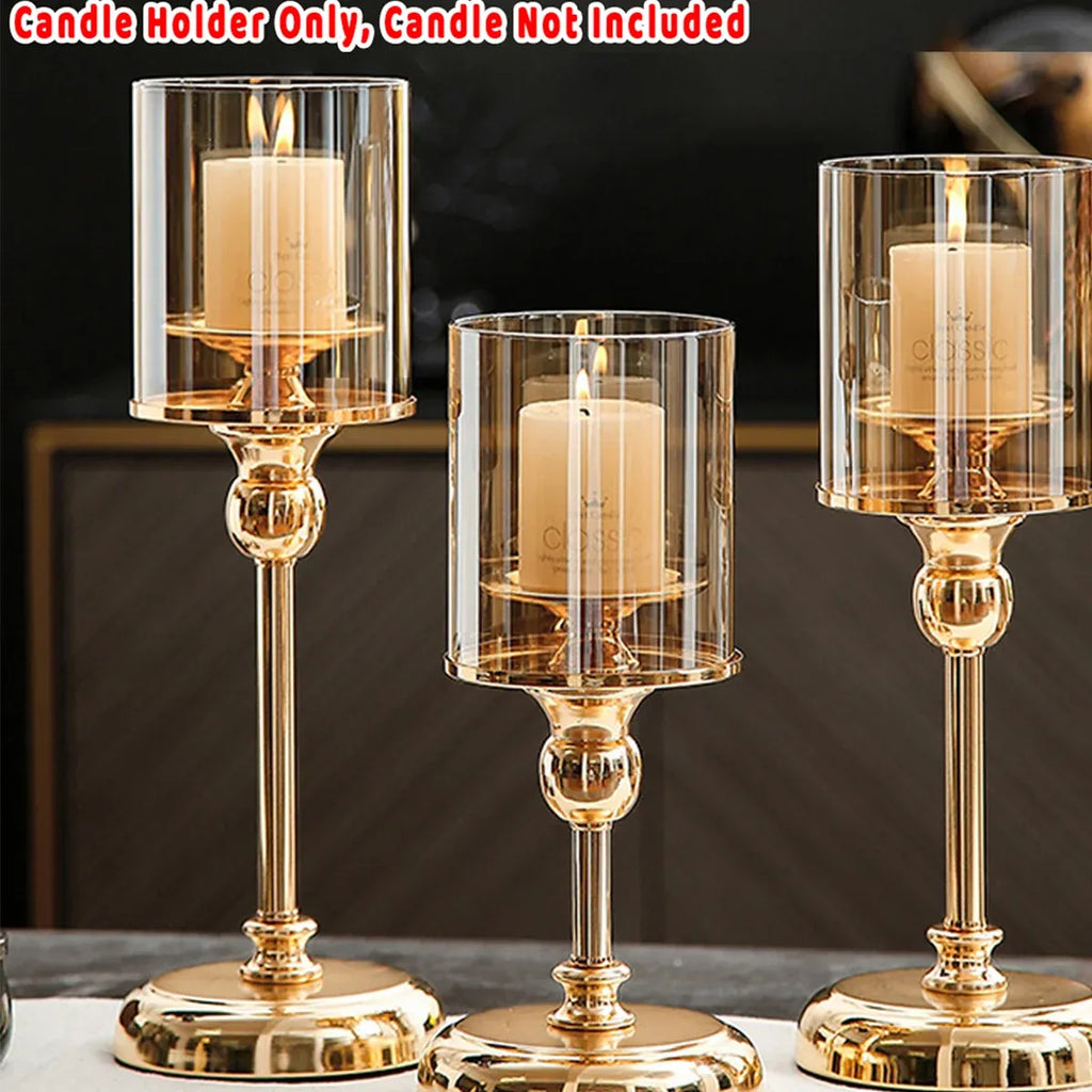 Metal and Glass Candlestick Holders with Glass Shades, Set of 3