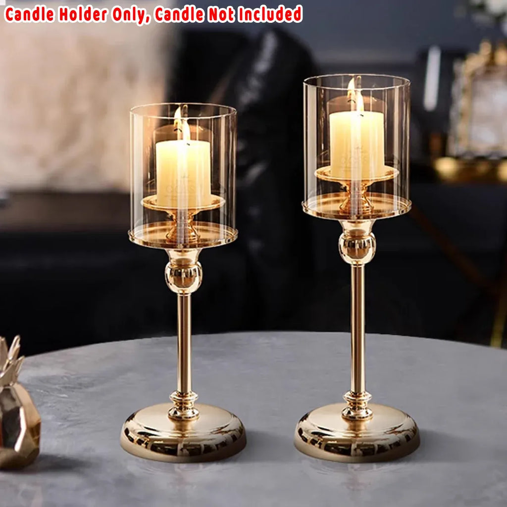 Metal and Glass Candlestick Holders with Glass Shades, Set of 3
