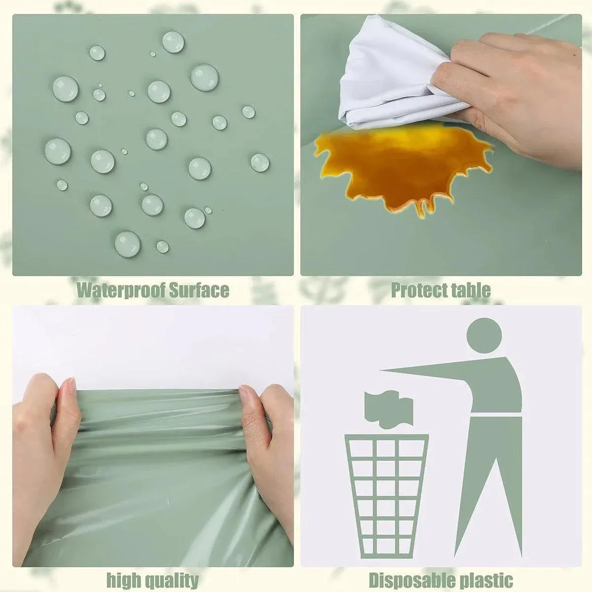 Sage Green PEVA Tablecloths, 274 x 137 cm, 6 Pack