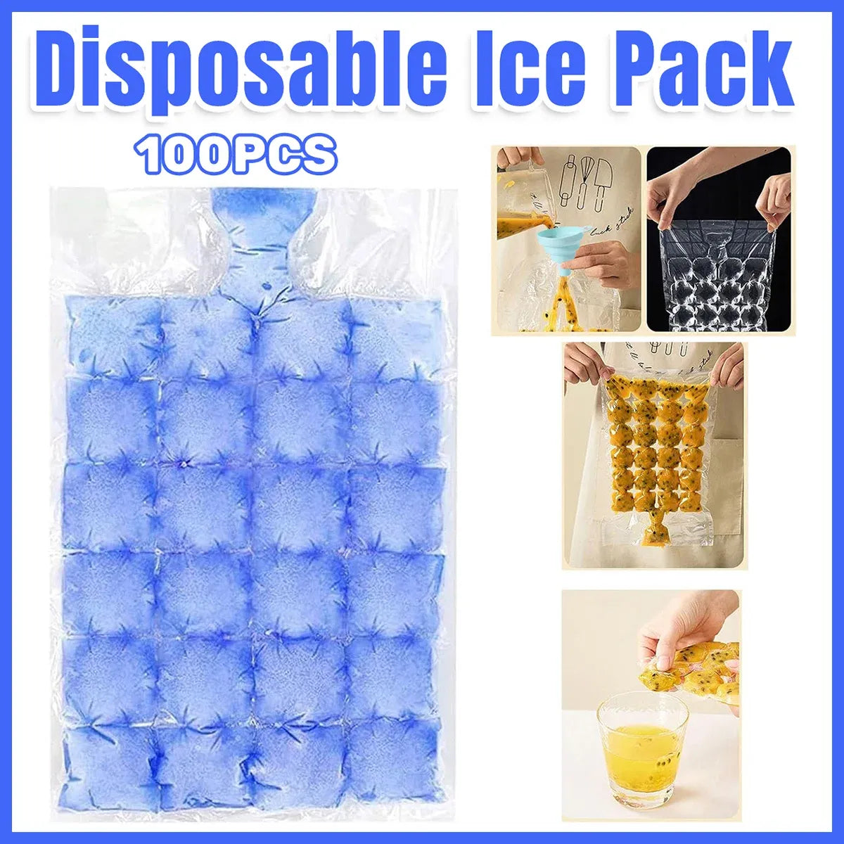 Disposable Self-Sealing Ice Cube Bags with Funnel, 100 Pack