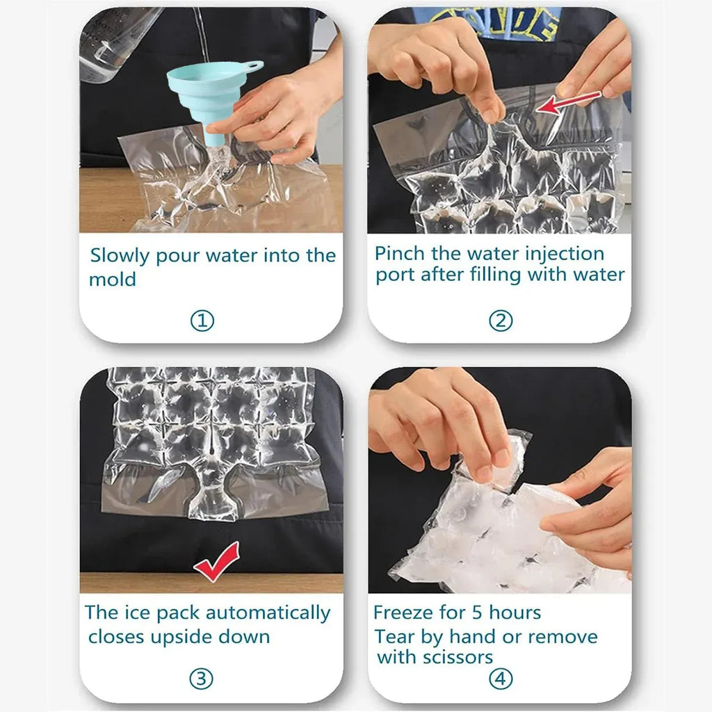 Disposable Self-Sealing Ice Cube Bags with Funnel, 100 Pack