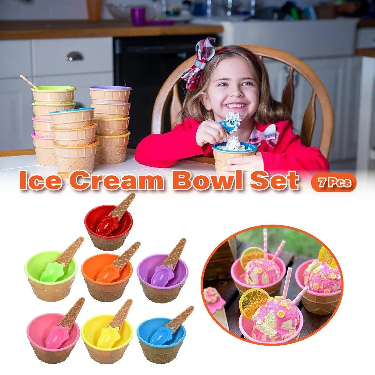 7Pc Set Colourful Ice Cream Cups and Bowls with Spoons Dessert Gift