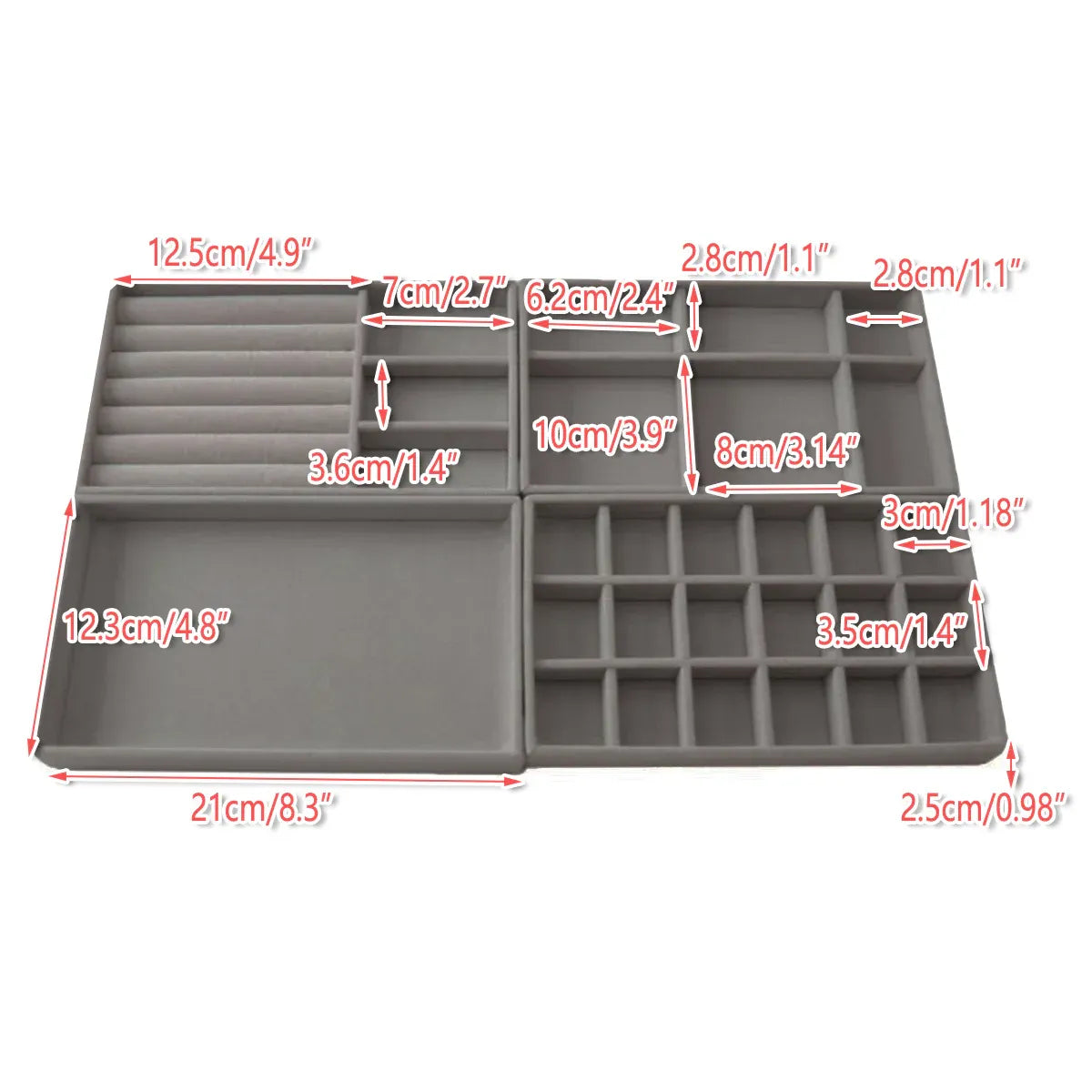 Grey Flocked Jewellery Tray Set, 4 Pieces
