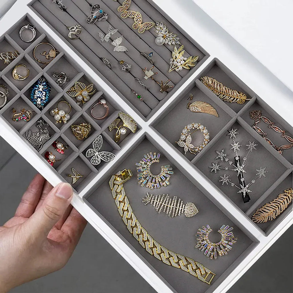 Grey Flocked Jewellery Tray Set, 4 Pieces