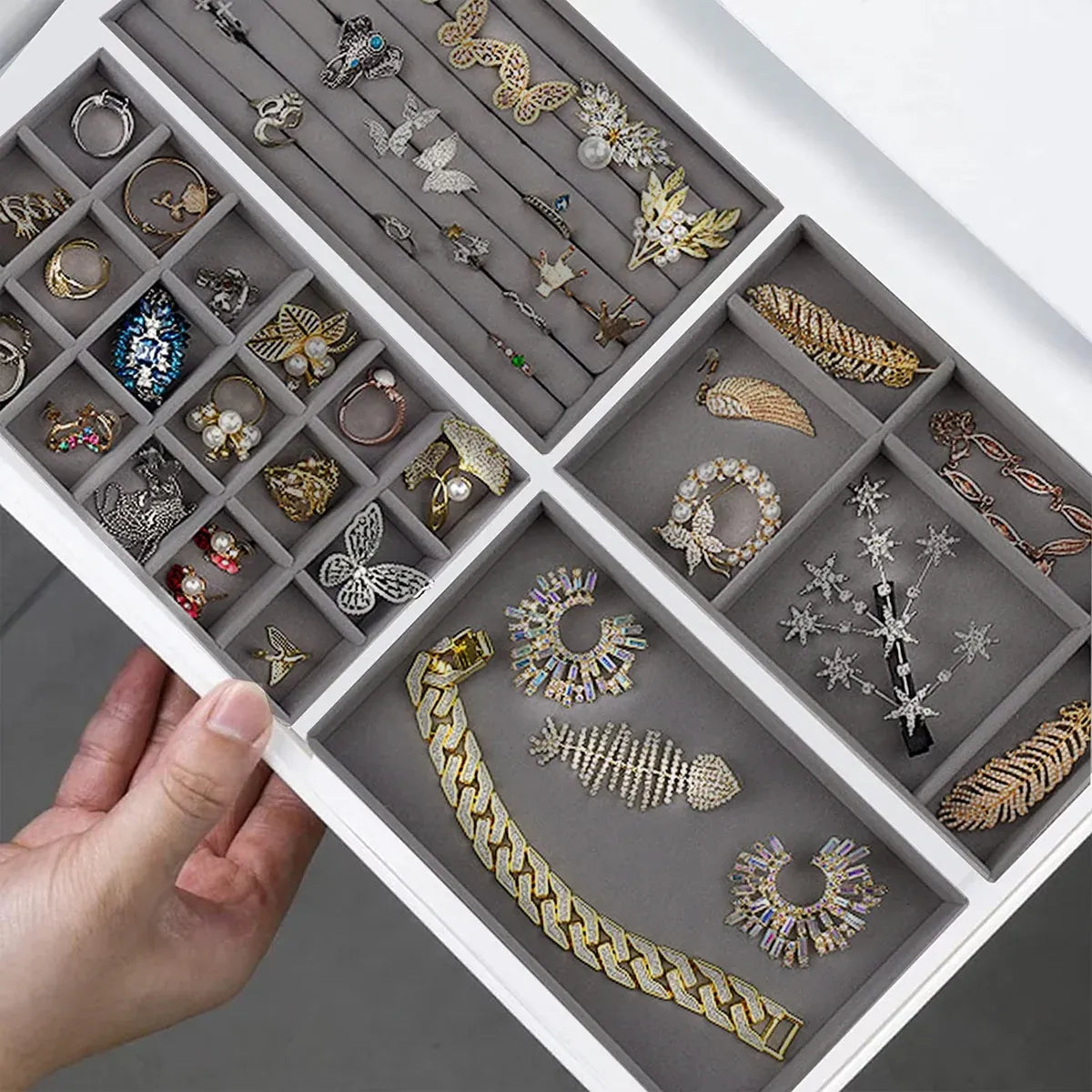 Grey Flocked Jewellery Tray Set, 4 Pieces