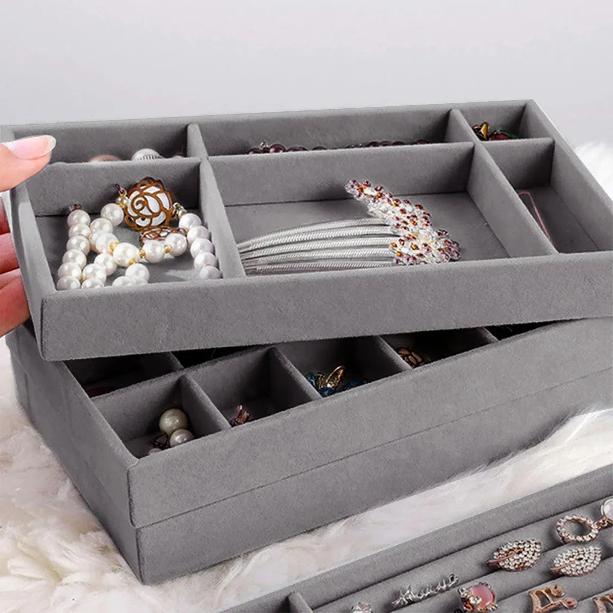 Grey Flocked Jewellery Tray Set, 4 Pieces