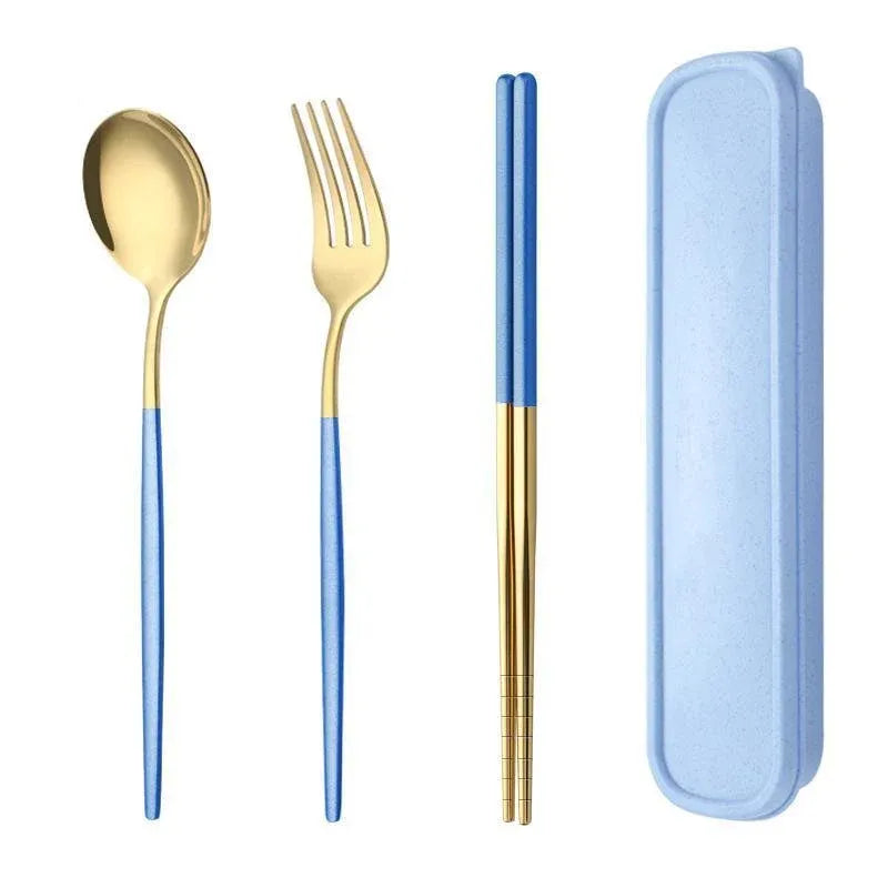 Portable Stainless Steel Cutlery Set with Case, 5 Pieces, Blue