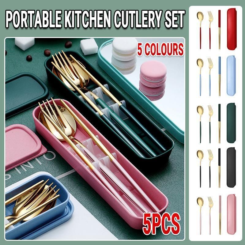 Portable Stainless Steel Cutlery Set with Case, 5 Pieces
