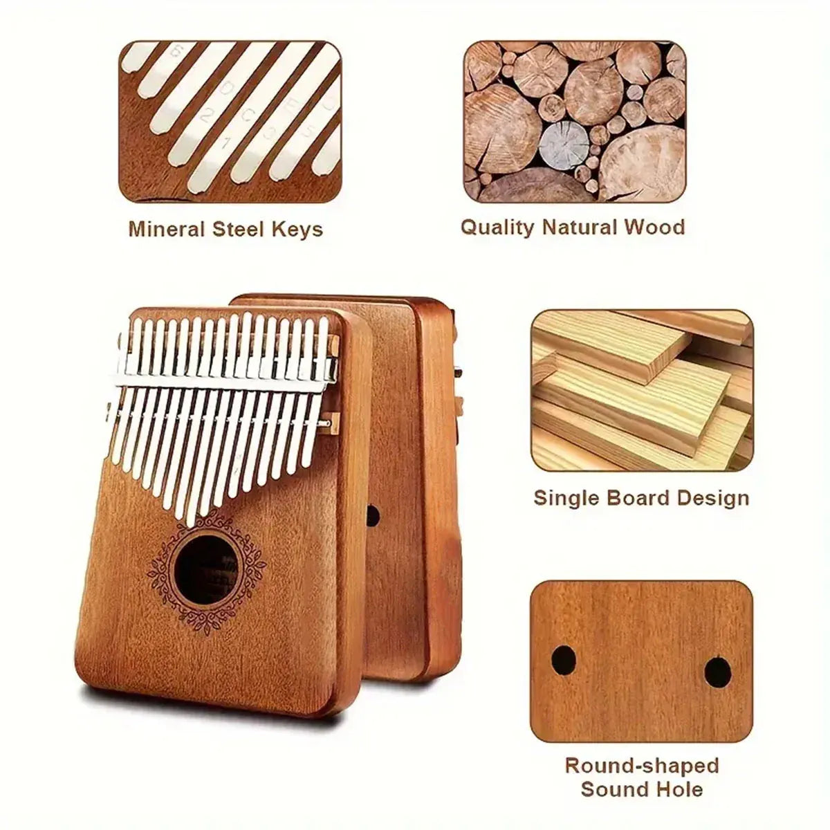 17 Key Mahogany Kalimba Thumb Piano, 16 x 14 cm