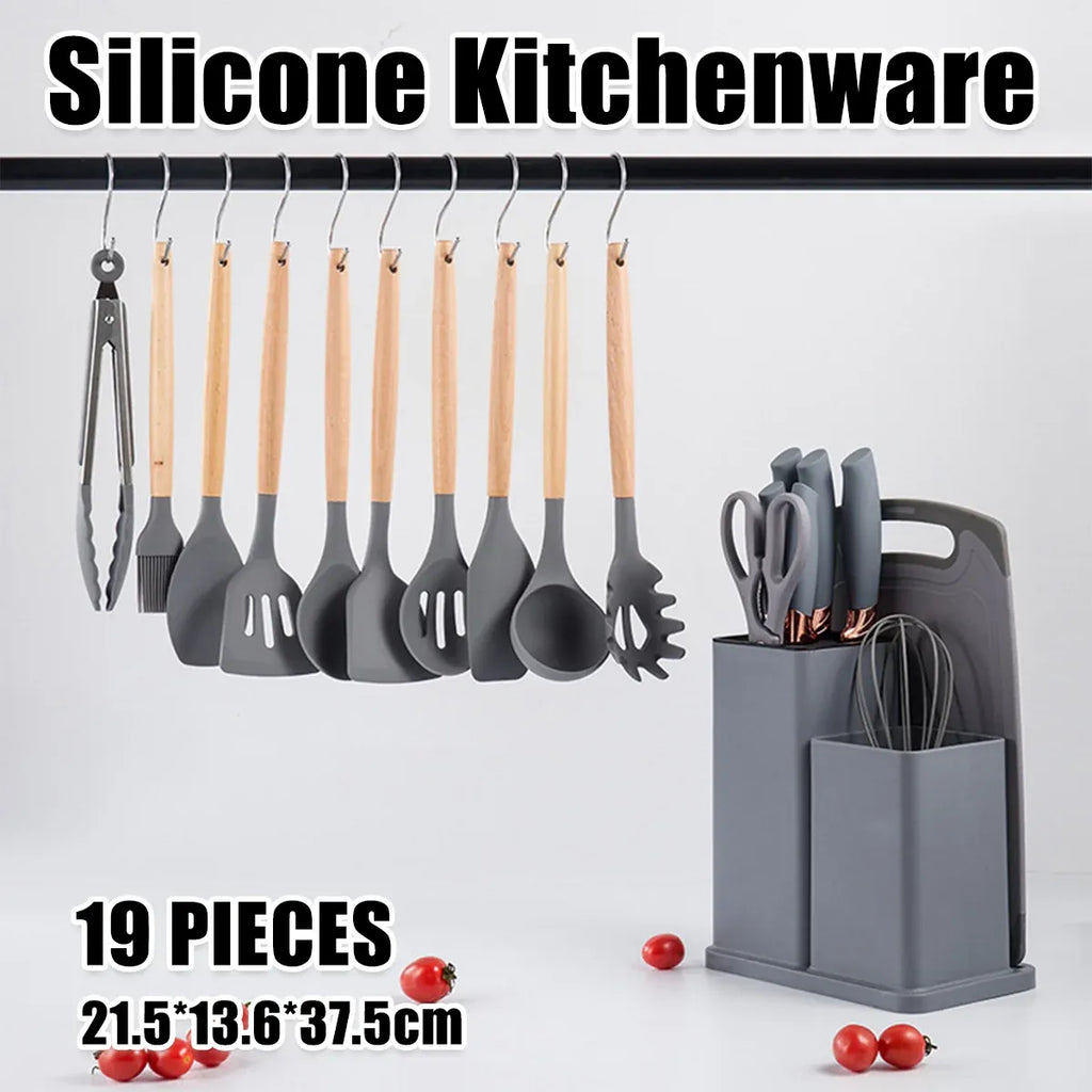Grey Kitchen Utensil Set with Storage Holder, 19 Pieces
