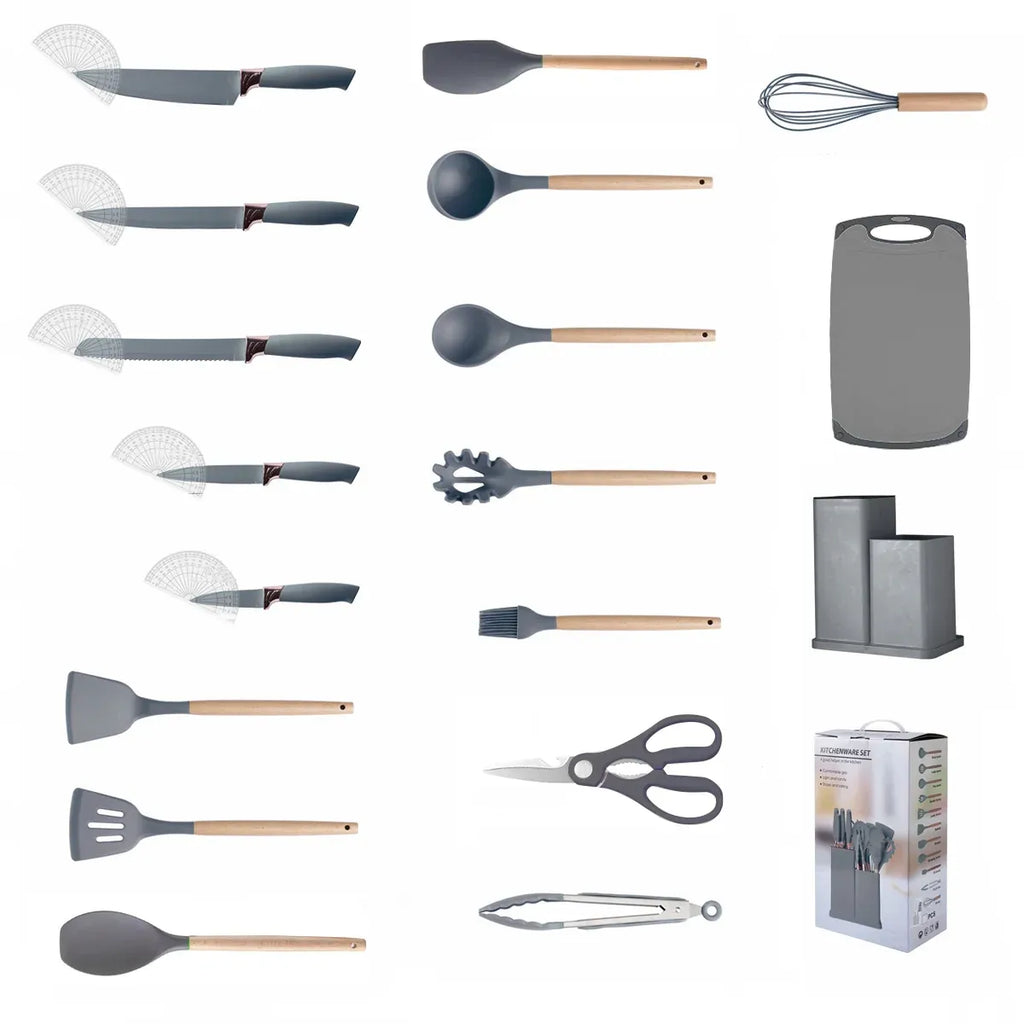 Grey Kitchen Utensil Set with Storage Holder, 19 Pieces