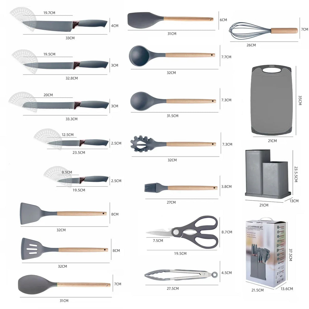 Grey Kitchen Utensil Set with Storage Holder, 19 Pieces