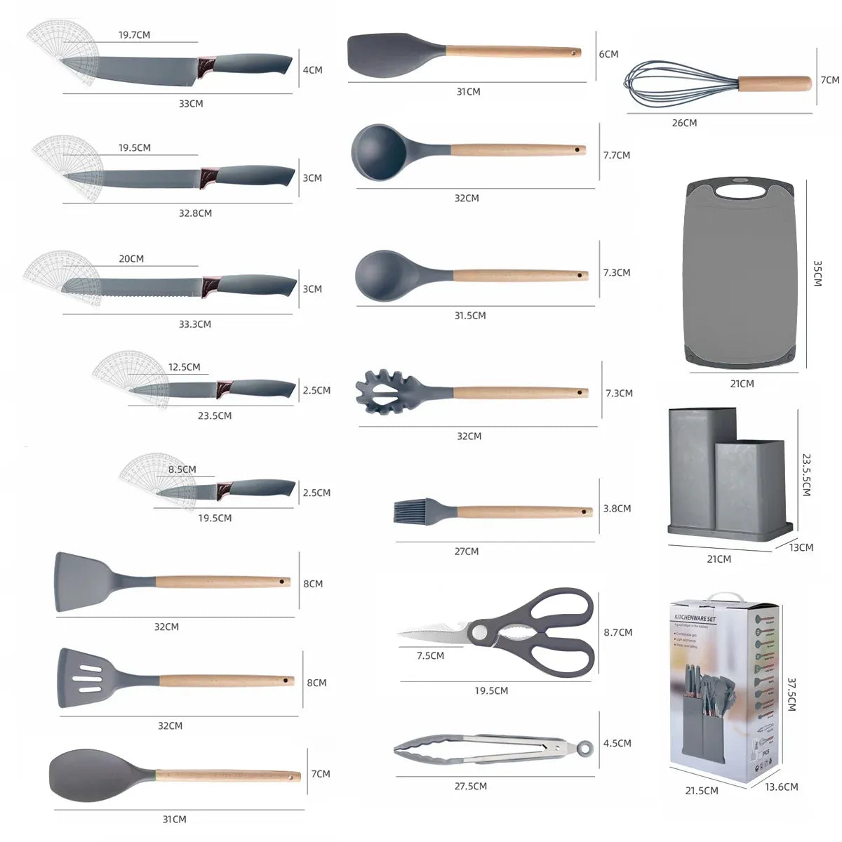 Grey Kitchen Utensil Set with Storage Holder, 19 Pieces