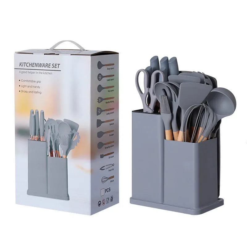 Grey Kitchen Utensil Set with Storage Holder, 19 Pieces