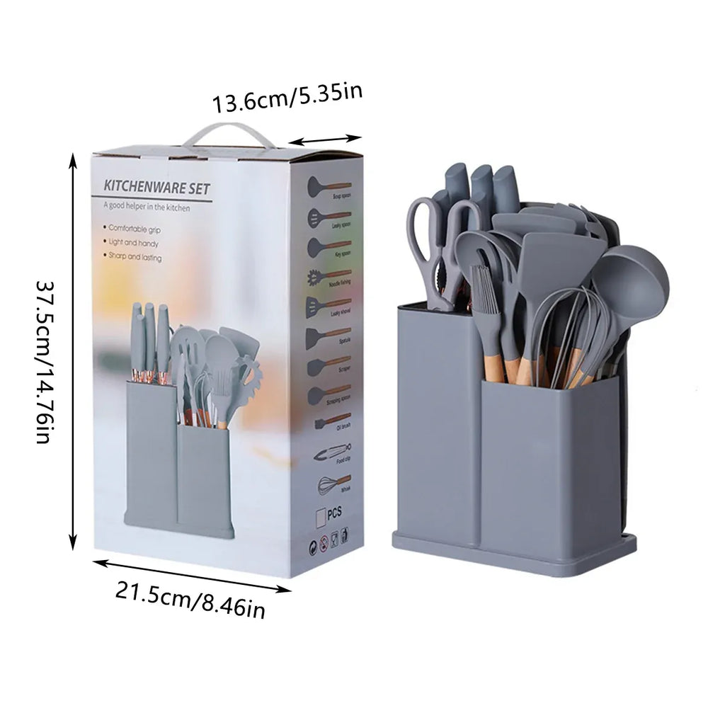 Grey Kitchen Utensil Set with Storage Holder, 19 Pieces