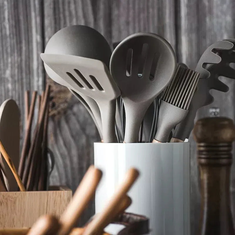 Grey Kitchen Utensil Set with Storage Holder, 19 Pieces
