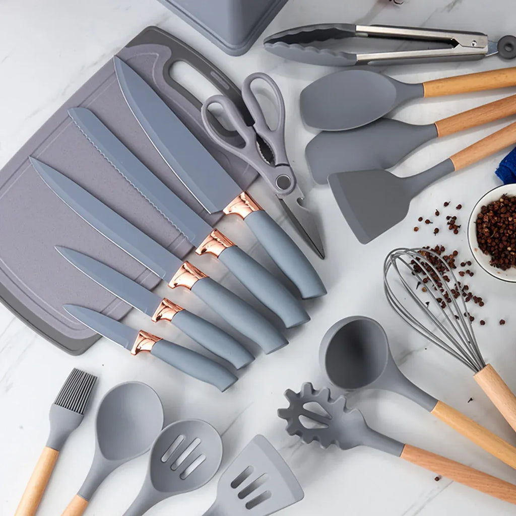 Grey Kitchen Utensil Set with Storage Holder, 19 Pieces