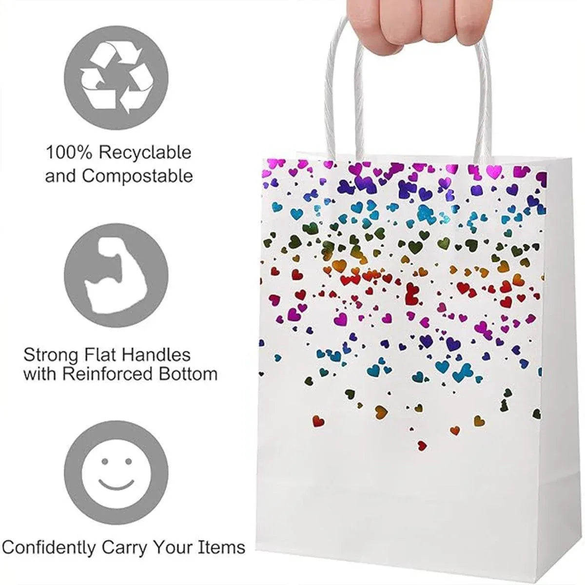 Kraft Paper Heart Gift Bags with Gold Foil, 30 Pack, 16 x 8 x 22 cm