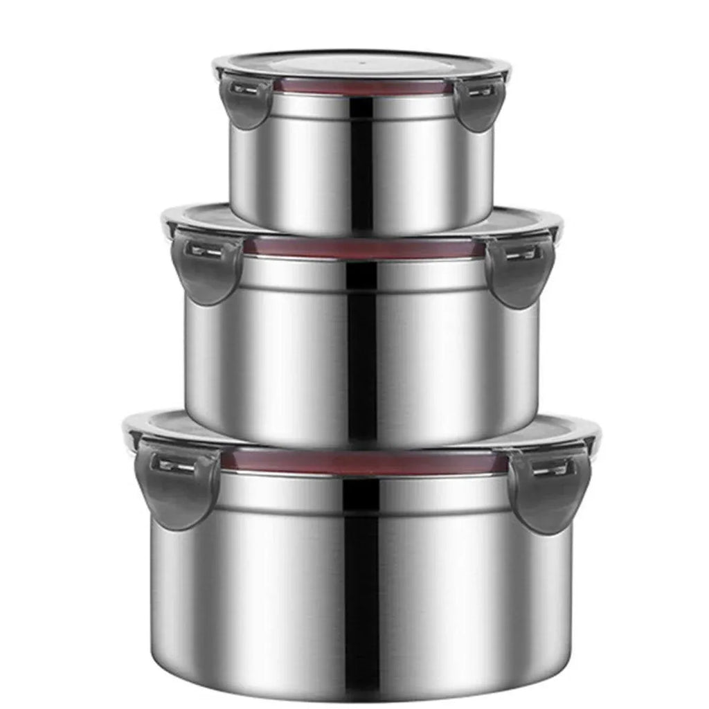 3PCS Stainless Steel Sealed Crisper Storage Box with Lid Round