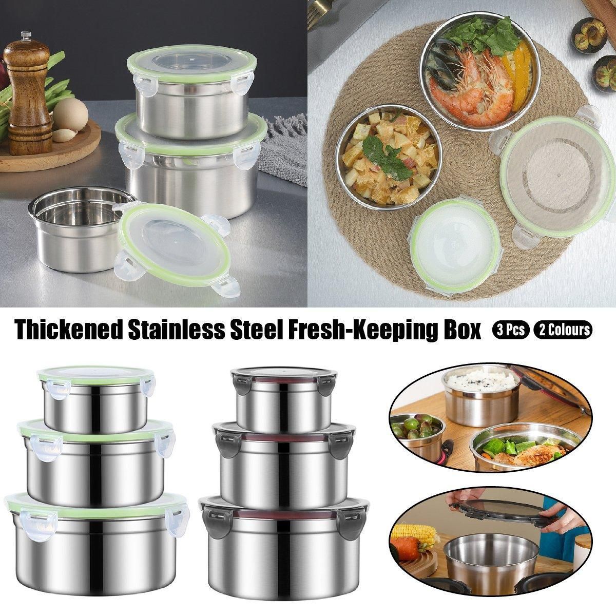 3PCS Stainless Steel Sealed Crisper Storage Box with Lid Round