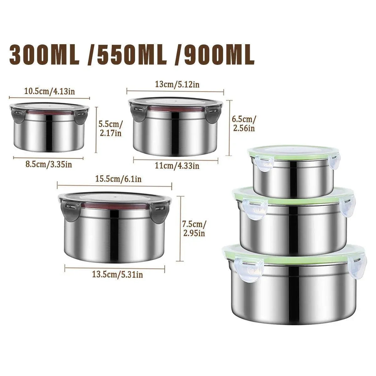 3PCS Stainless Steel Sealed Crisper Storage Box with Lid Round