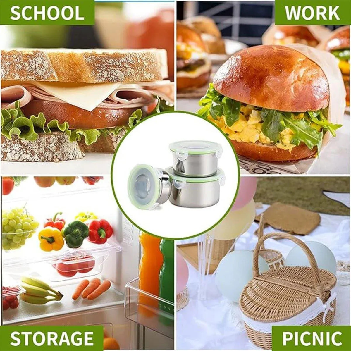 3PCS Stainless Steel Sealed Crisper Storage Box with Lid Round