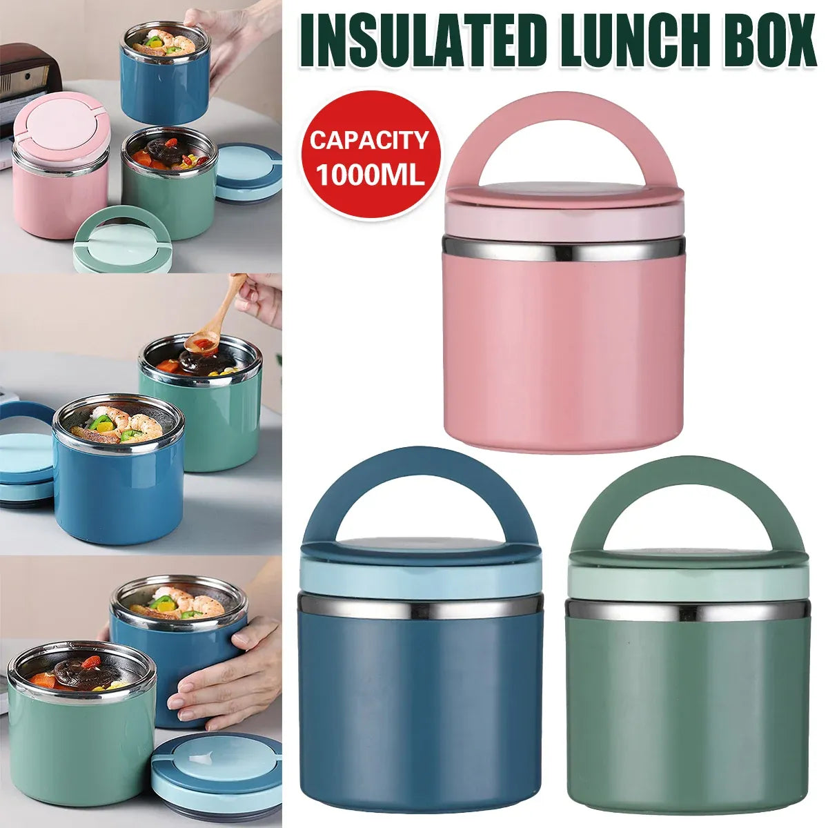 1L Large Capacity Stainless Steel Insulated Lunch Box Food Container