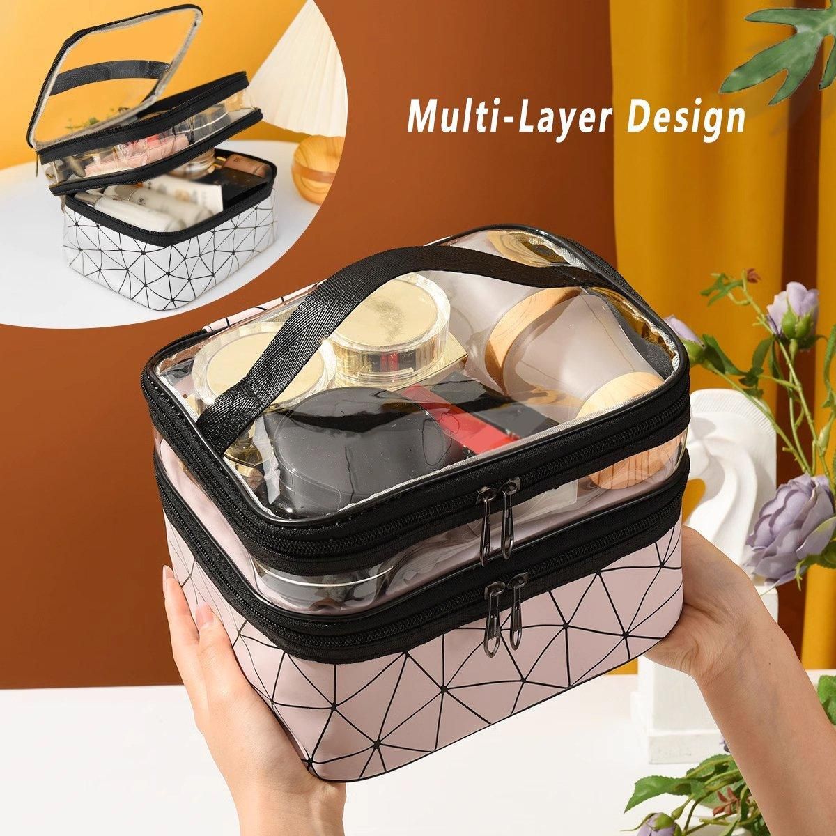 Double-Layer Waterproof Cosmetic Bag with Clear Top, 23 x 17 x 16 cm