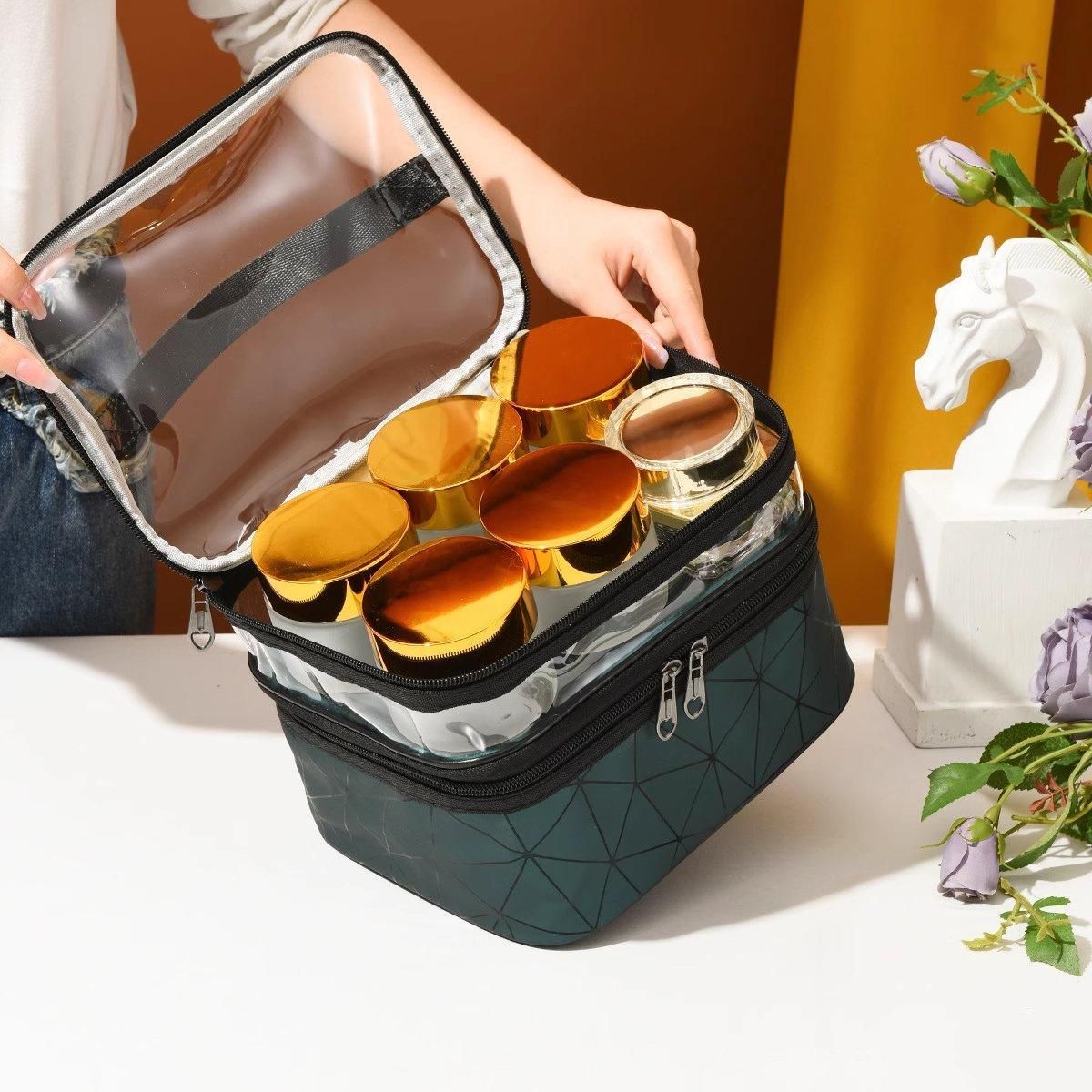 Double-Layer Waterproof Cosmetic Bag with Clear Top, 23 x 17 x 16 cm