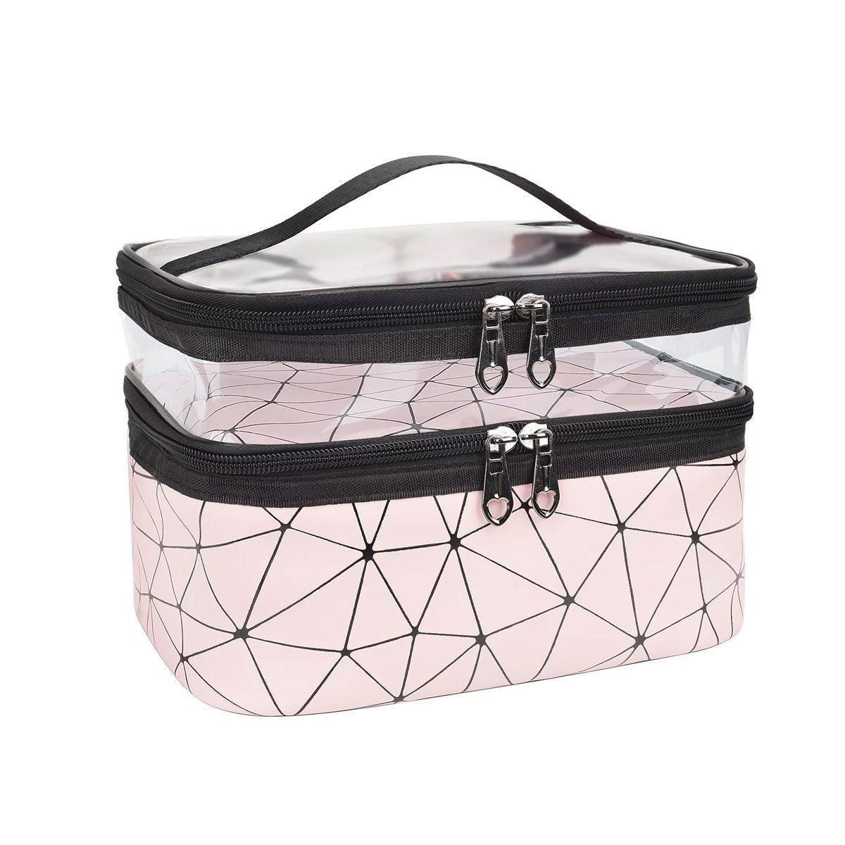 Double-Layer Waterproof Cosmetic Bag with Clear Top, 23 x 17 x 16 cm, Pink