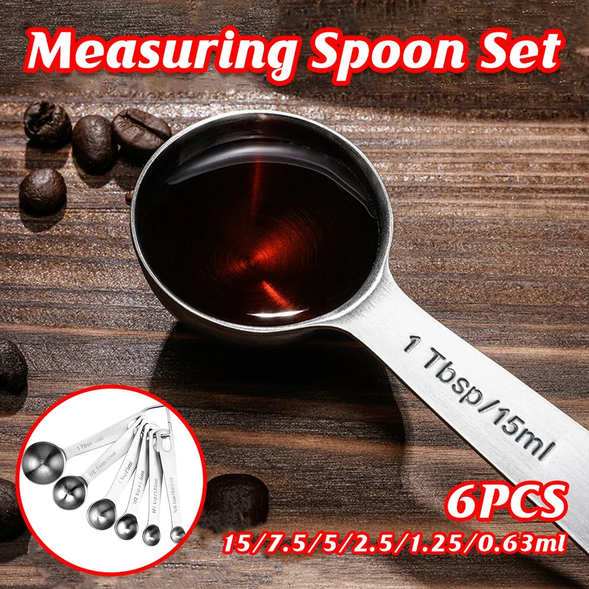 304 Stainless Steel Measuring Spoons with Ring, Set of 6