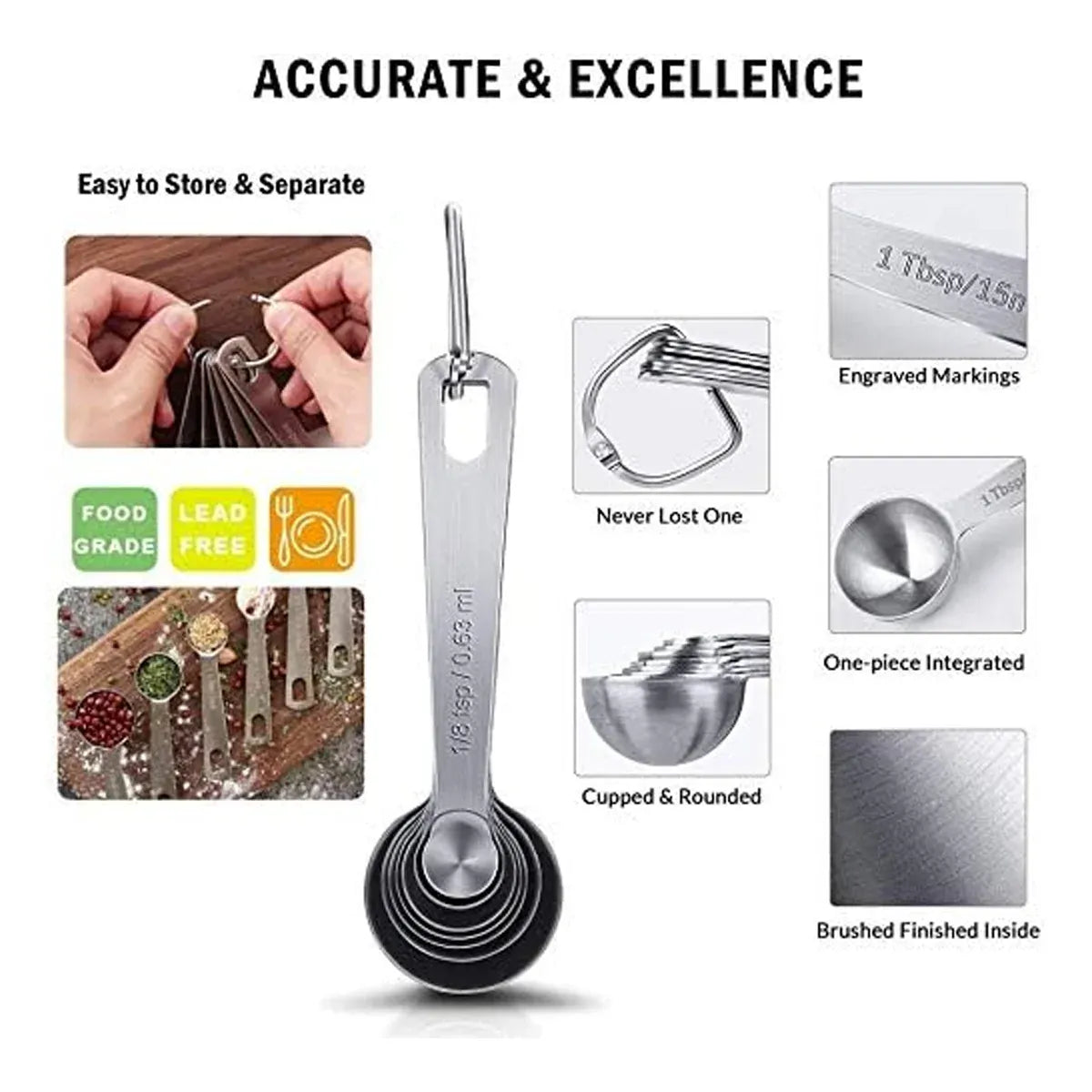 304 Stainless Steel Measuring Spoons with Ring, Set of 6